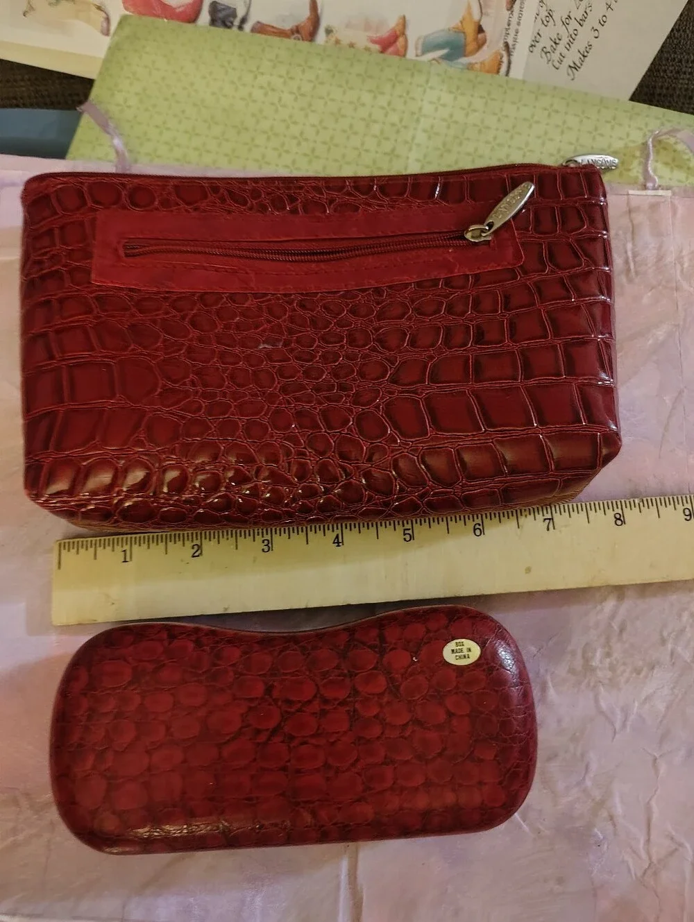 LANCOME BAGS Red Gator Textured Cosmetic Makeup Bag & Coordinating Eyeglass Case